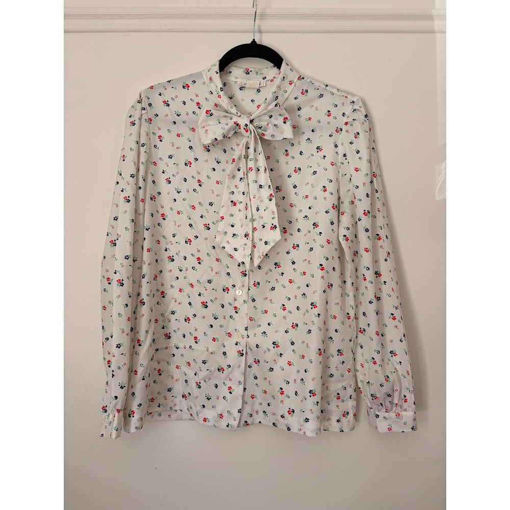 Austin Hill Vintage White Floral Tie Neck Bow Blouse Long Union Made USA Sz 14
